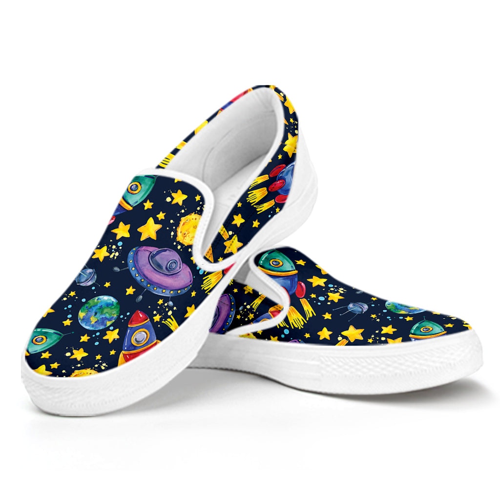 Watercolor Rocket Pattern Print White Slip On Shoes