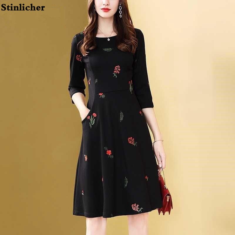 Vintage Black Flower Embroidered Dress Women’s Spring Autumn Elegant Office Ladies Work Dress Fashion A Line Midi Dress Robe alx