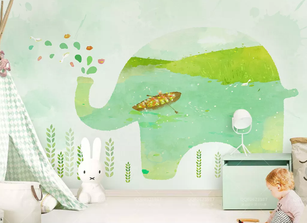 3D Watercolor Elephant Cartoon Child Wall Mural Wallpaper 682