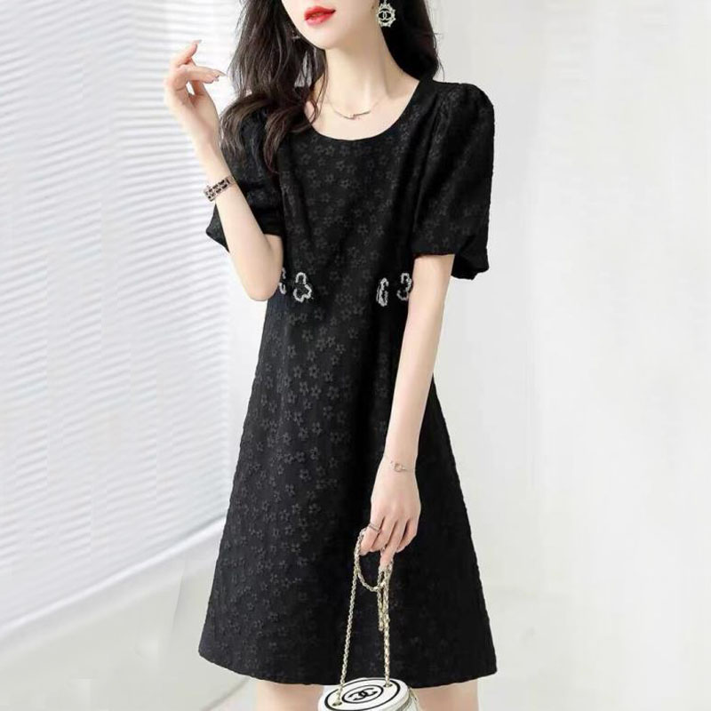 Solid Color Women Fashion Embroidery Dresses 2022 Summer New Korean Elegant Short Sleeve Straight Casual Dress Female Clothing alx