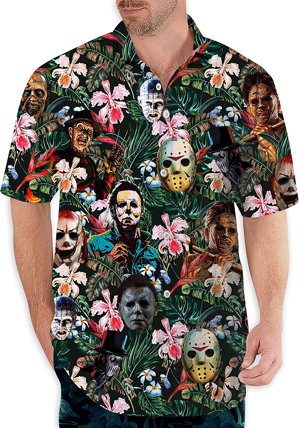 Horror Hawaii Shirt Funny Halloween Tropical Flower Beach Button Up Sleeve Shirts Men Ha105288