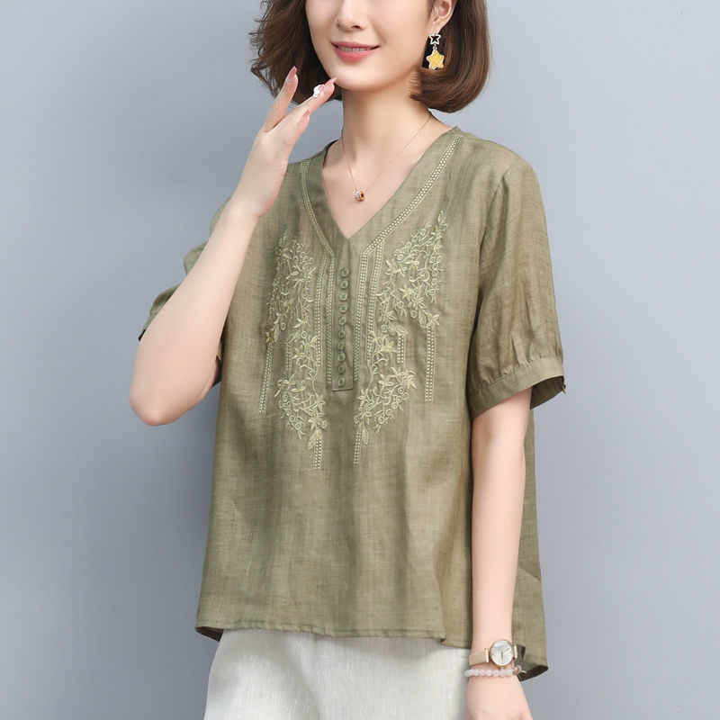 100% Cotton Linen Shirt Women Embroidery Blouse Plus size Loose Ladies Casual Tops Summer Tees Short sleeve alx