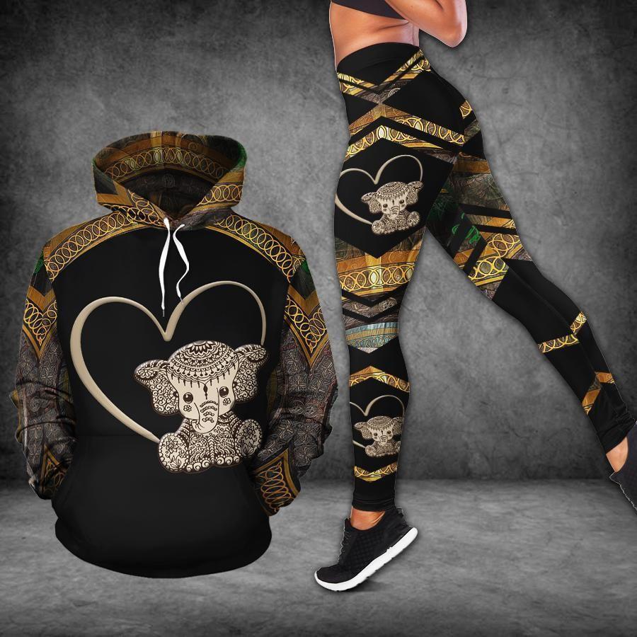 Love Elephant Gold All Over Print Leggings Hoodie Set Outfit For Women | Hts2074