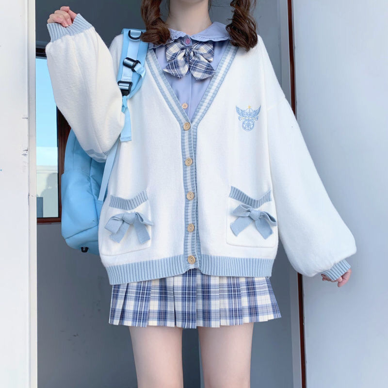 Winter Japanese Kawaii Fashion Pink Cardigan Women Harajuku Knitted Sweater Cute Bow Heart Korean College Style JK Uniform Coat alx