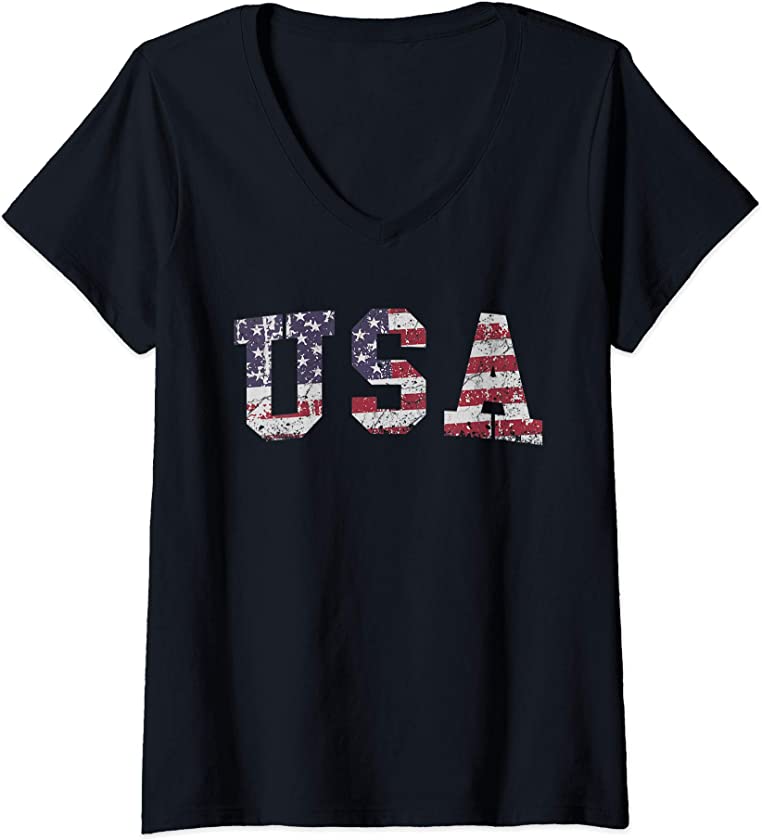 Womens USA T-Shirt Patriotic 4th of July Tee American Flag Vintage V-Neck T-Shirt