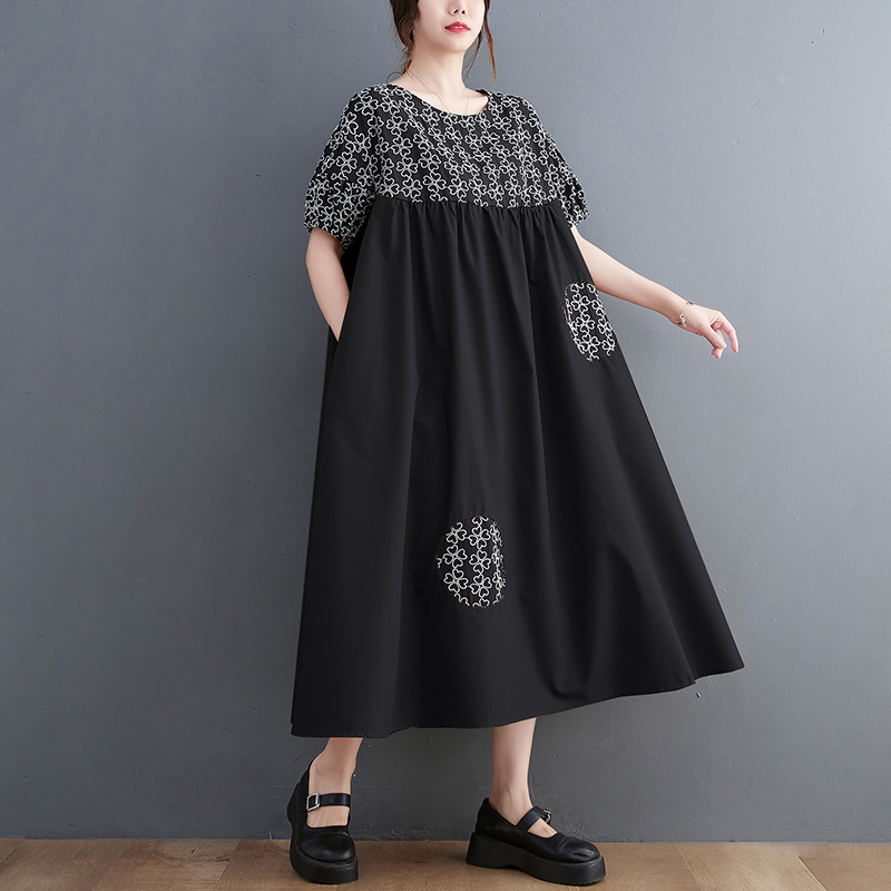 2022 New Korea Style Patchwork Embroidery Floral Chic Girl’s Loose Summer Dress Office Lady Work Dress Women Casual Midi Dress alx