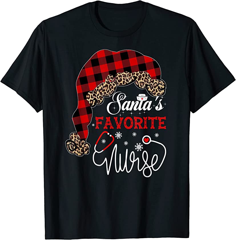 Santa’s Favorite Nurse Christmas Nurse RN CNA Plaid Leopard T-Shirt