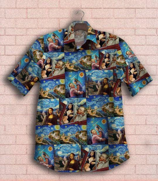 Van Gogh Hangout With Mona Lisa Under Starry Night Hawaii Aloha Shirts Vi Ha27891