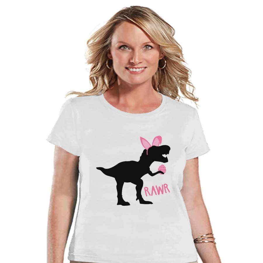 Womens Easter Shirt – Ladies Pink Dinosaur Happy Easter Shirt – Funny Dino Easter Tee – Gift for Her – Funny Bunny Dinosaur – White T-shirt