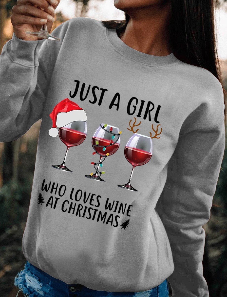 Women’S Just A Girl Who Loves Wine At Christmas Wine Lover Crewneck Sweatshirt