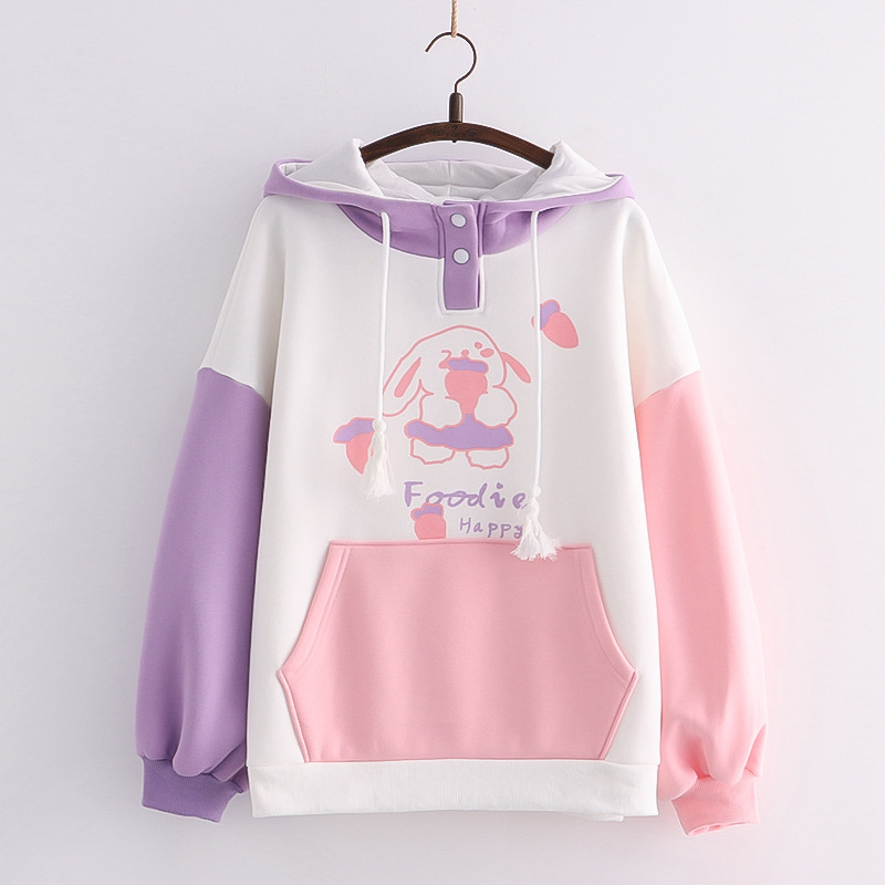 Women Bunny Hoodie Harajuku Kawaii Rabbit Anime Graphic Sweatshirt Teen Girls Winter Clothes Pink Purple Korean Cute Pullover alx