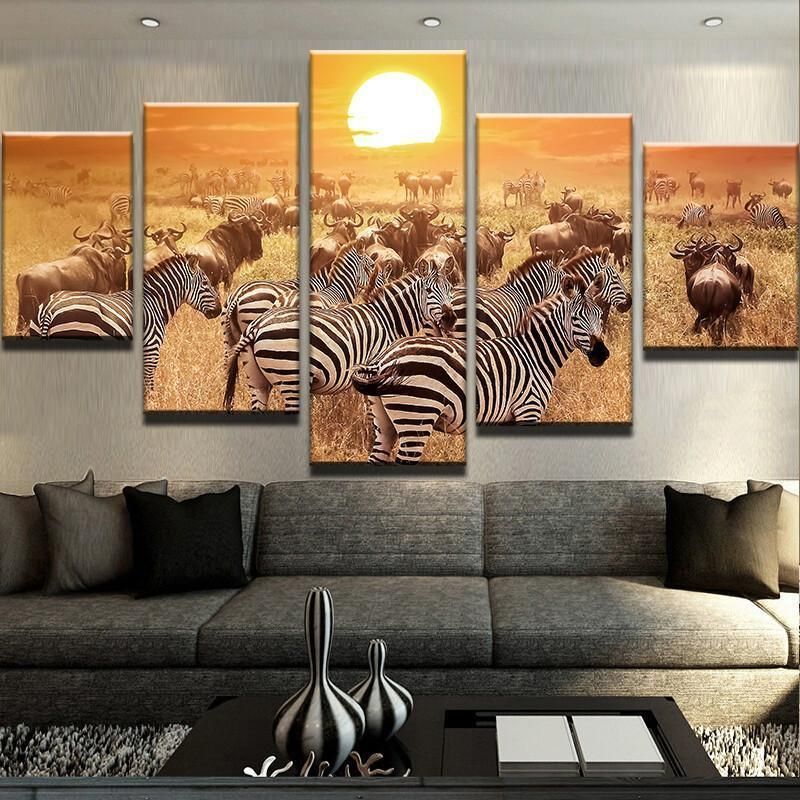 Zebra Sunset Animal 5 Panel Canvas Art Wall Decor