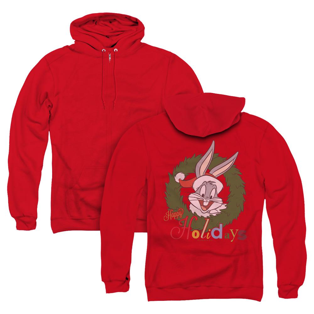 Looney Tunes Holiday Bunny Back Print Zipper Mens Hoodie Red