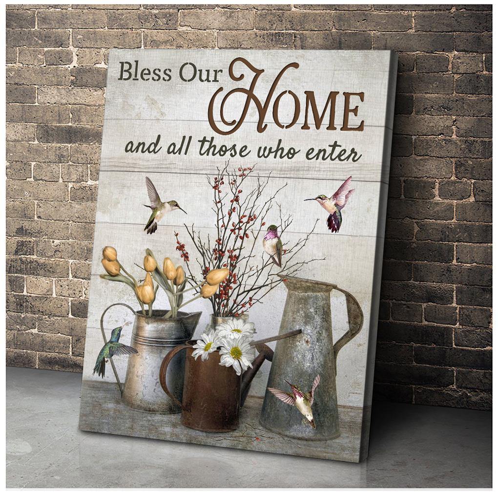 Bless Our Home And All Those Who Enter Hummingbird Premium Wall Art Canvas