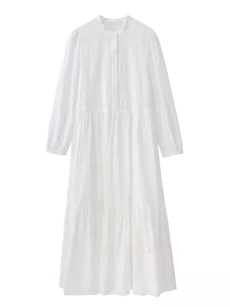 YLJHQX 2022 New Women White Cutout Dress Elegant Ladies O Neck Long Sleeve Embroidered Midi Dresses With Elastic Cuffs alx