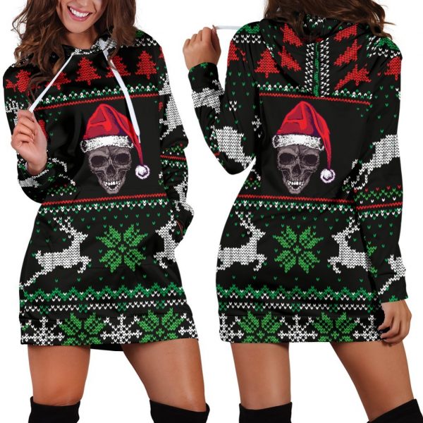 Skull Gift Ugly Christmas Santa Skull Black Hoodie Dress