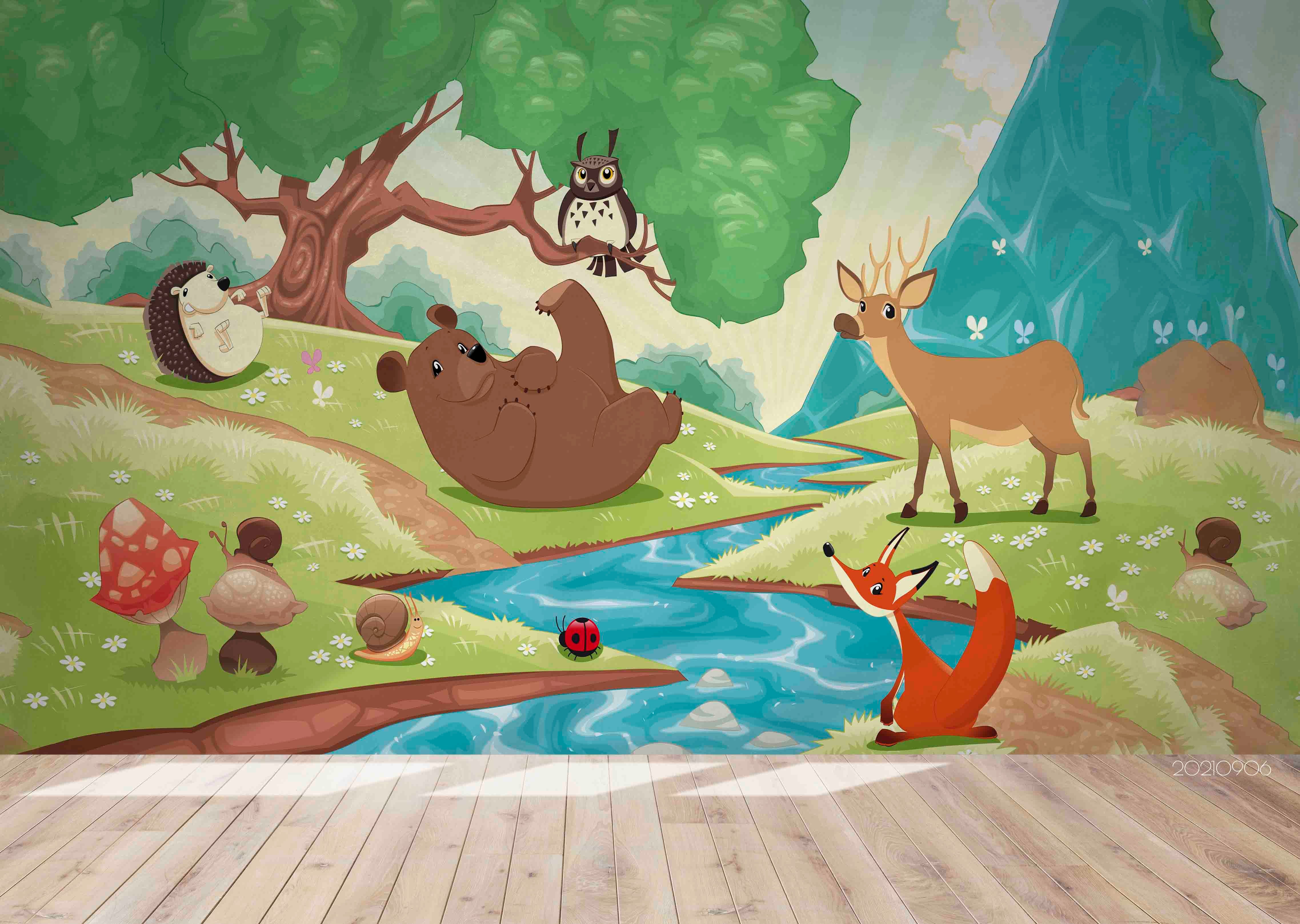 3D Cartoon Forest River Animal Wall Mural Wallpaper Lqh 502