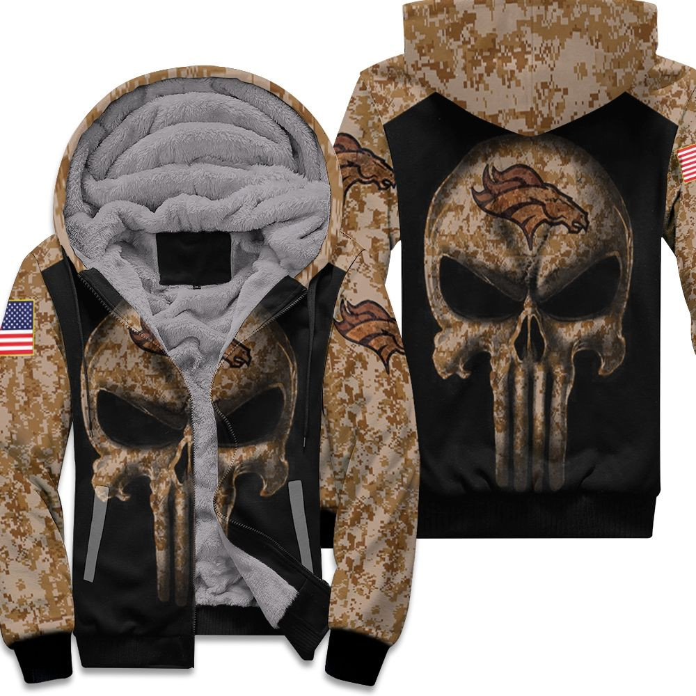 Camouflage Skull Denver Broncos American Flag Fleece Hoodie