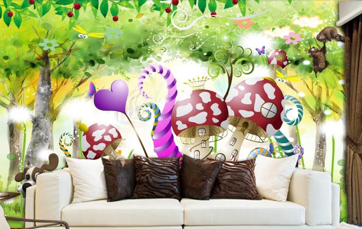 3D Cartoon Forest Mushroom Animal Wall Mural Wallpaper Lqh 515