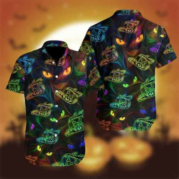 Halloween Colorful Light Cat And Pumpkin Hawaii Shirt Ha87595