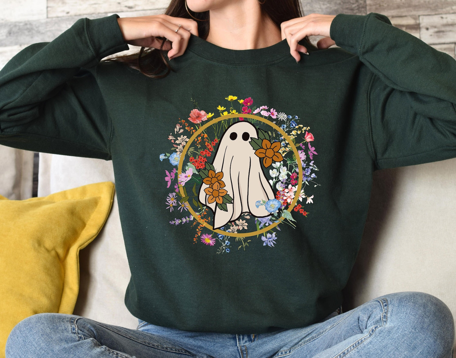 Retro Floral Ghost Sweatshirt, Halloween Shirt, Spooky Sweatshirt, Cute Ghost Tee, 2D Crewneck Sweatshirt All Over Print Sweatshirt For Women Sweatshirt For Men