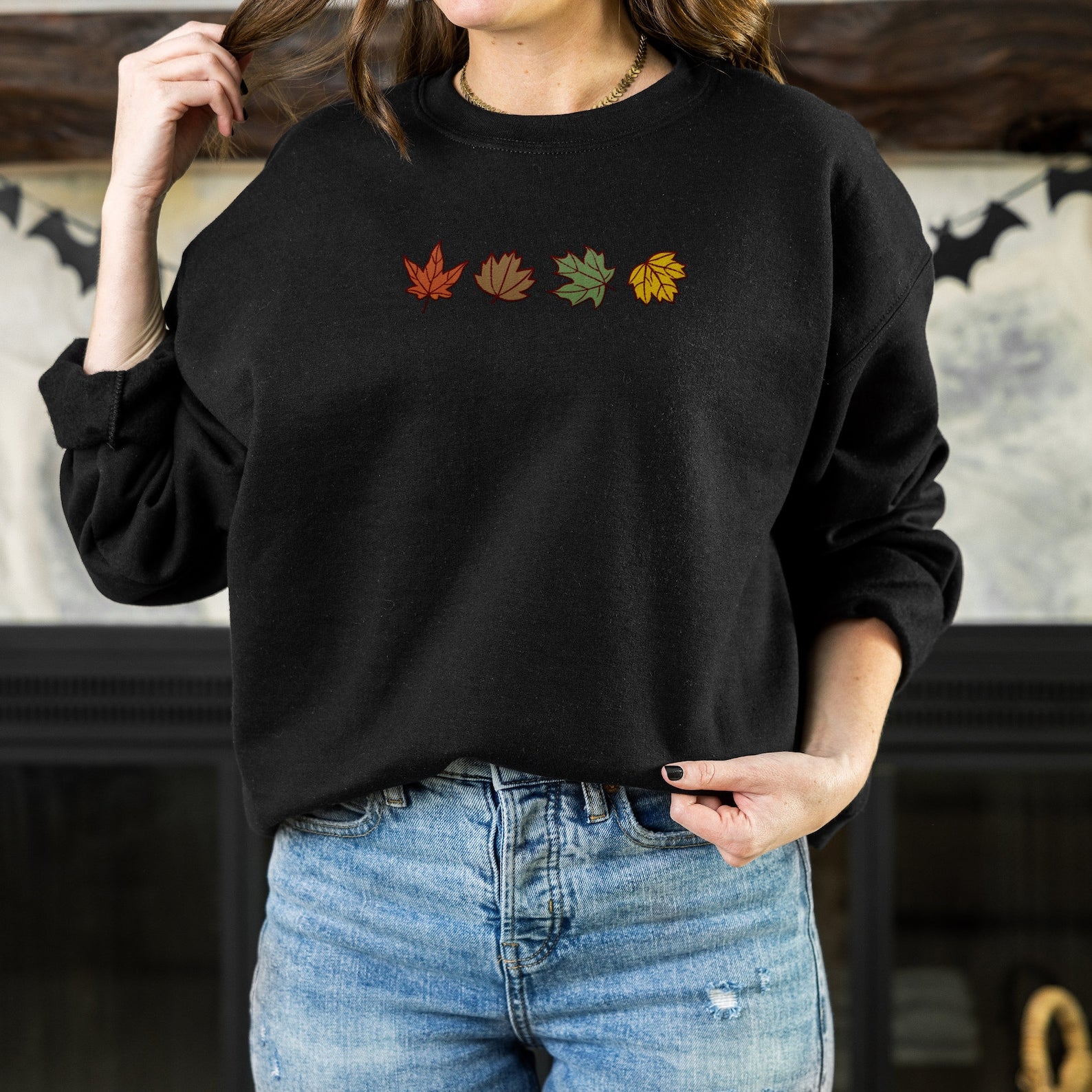 Maple Leaves Embroidered Halloween Sweatshirt 2D Crewneck Sweatshirt All Over Print Sweatshirt For Women Sweatshirt For Men Sws3531