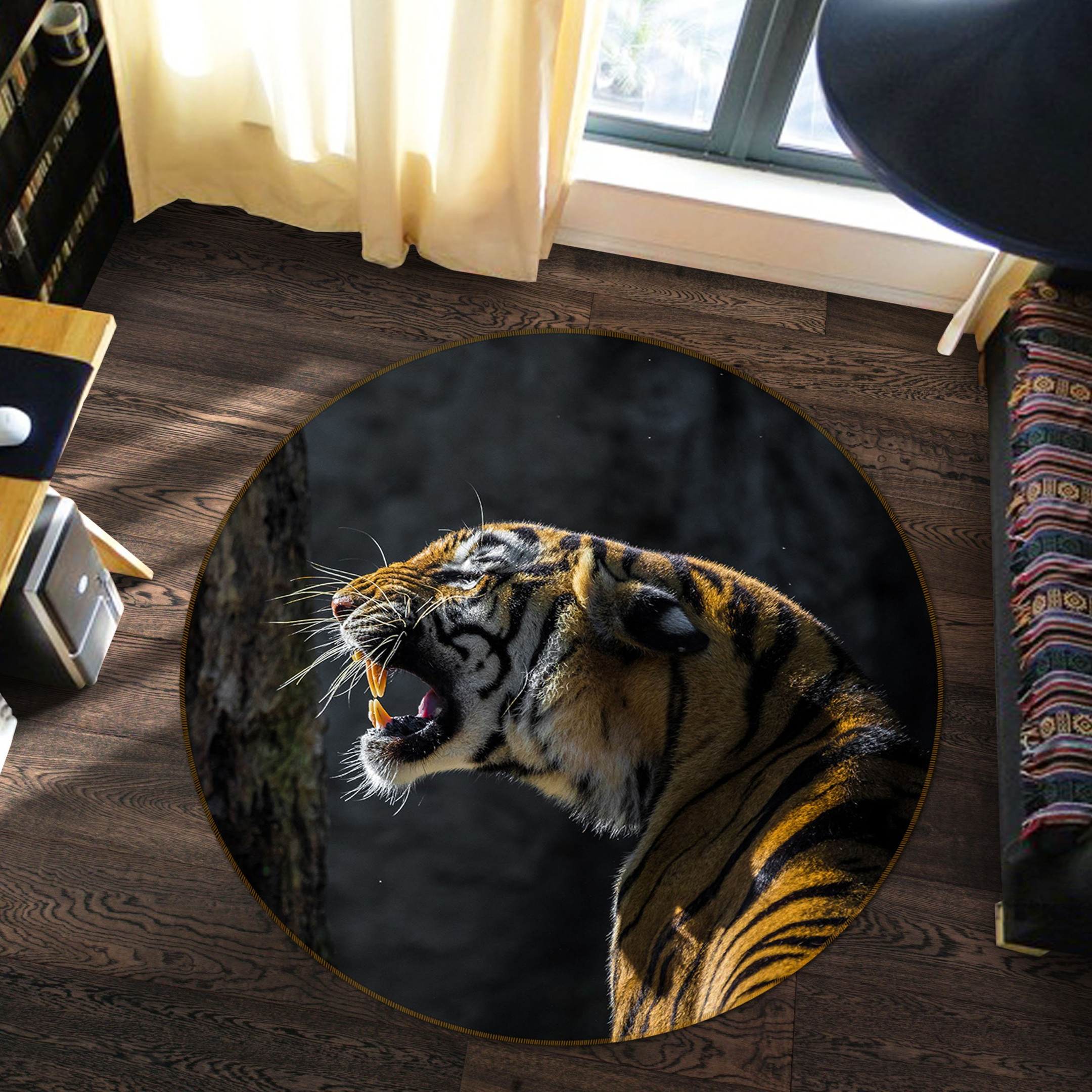 3D Tiger Roaring In Forest Round Rug – Round Carpet Home Decor