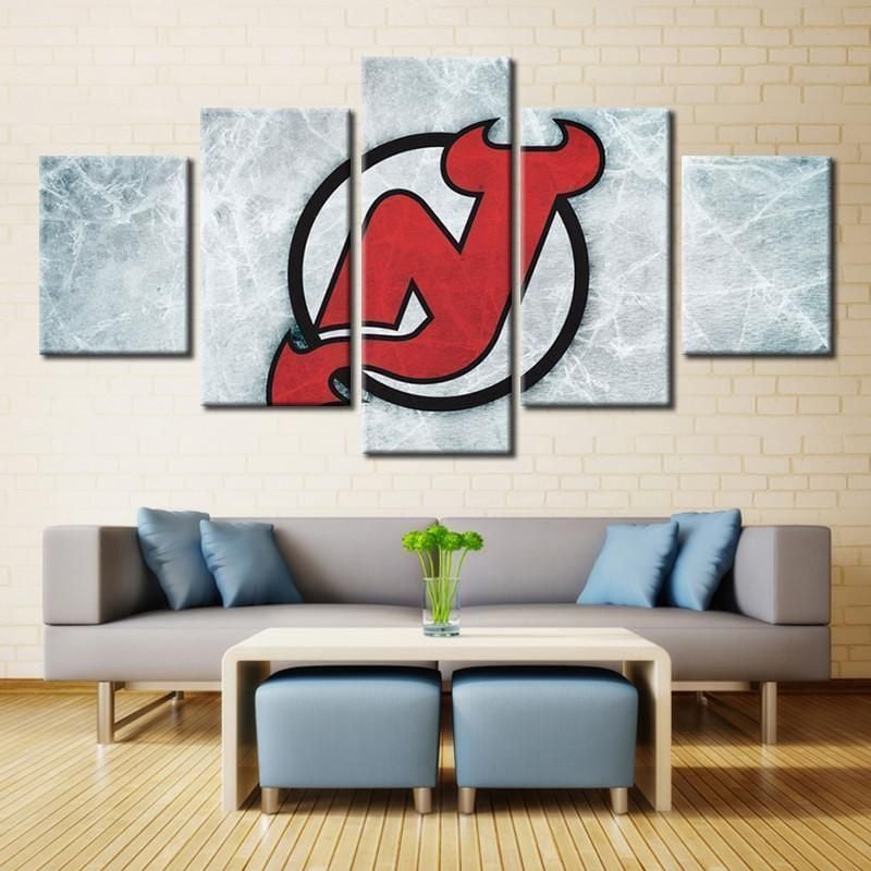 New Jersey Devils Logo 2 Ice Hockey 5 Panel Canvas Art Wall Decor