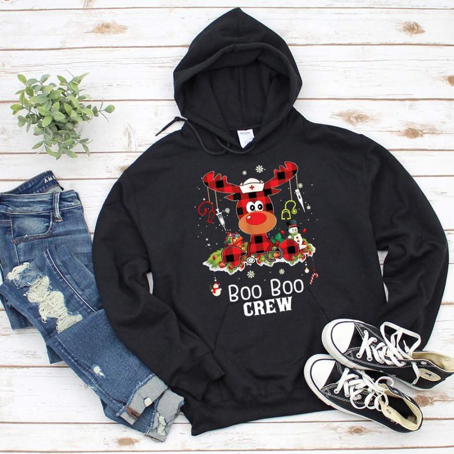 Buffalo plaid reindeer boo boo chew merry christmas snow winter snowman best gift black hoodie for men and women S-5XL