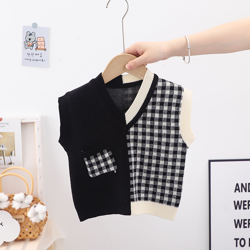 Colorblock Plaid Sweater Tank Boy Girl Toddler Kid Baby Spring Autumn Sweater V Neck Knit Top Fall Fashion Vest Knitwear Clothes alx