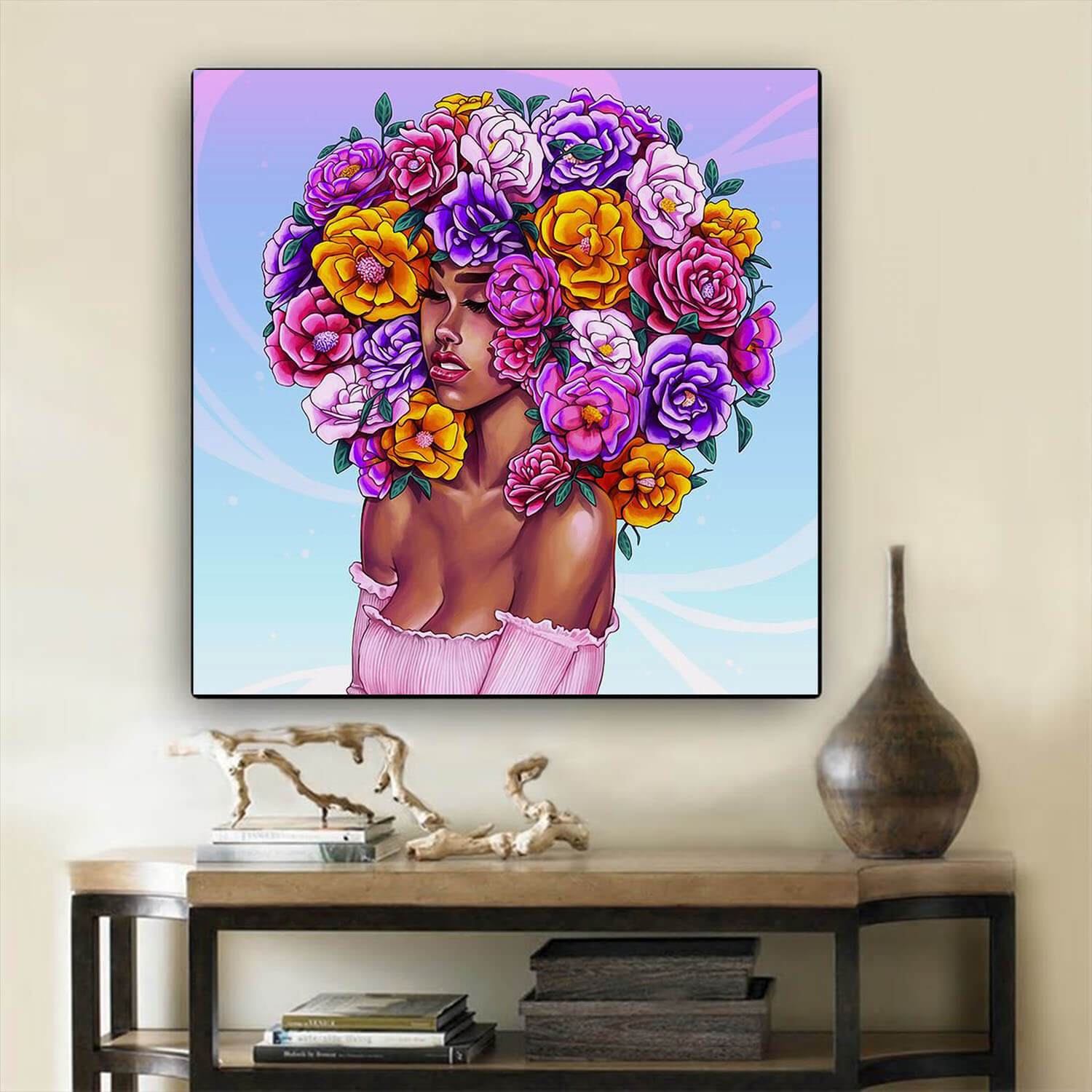 African American Canvas Wall Art Colorful Flower Hair Melanin Girl Afrocentric Home Decor BPS1241