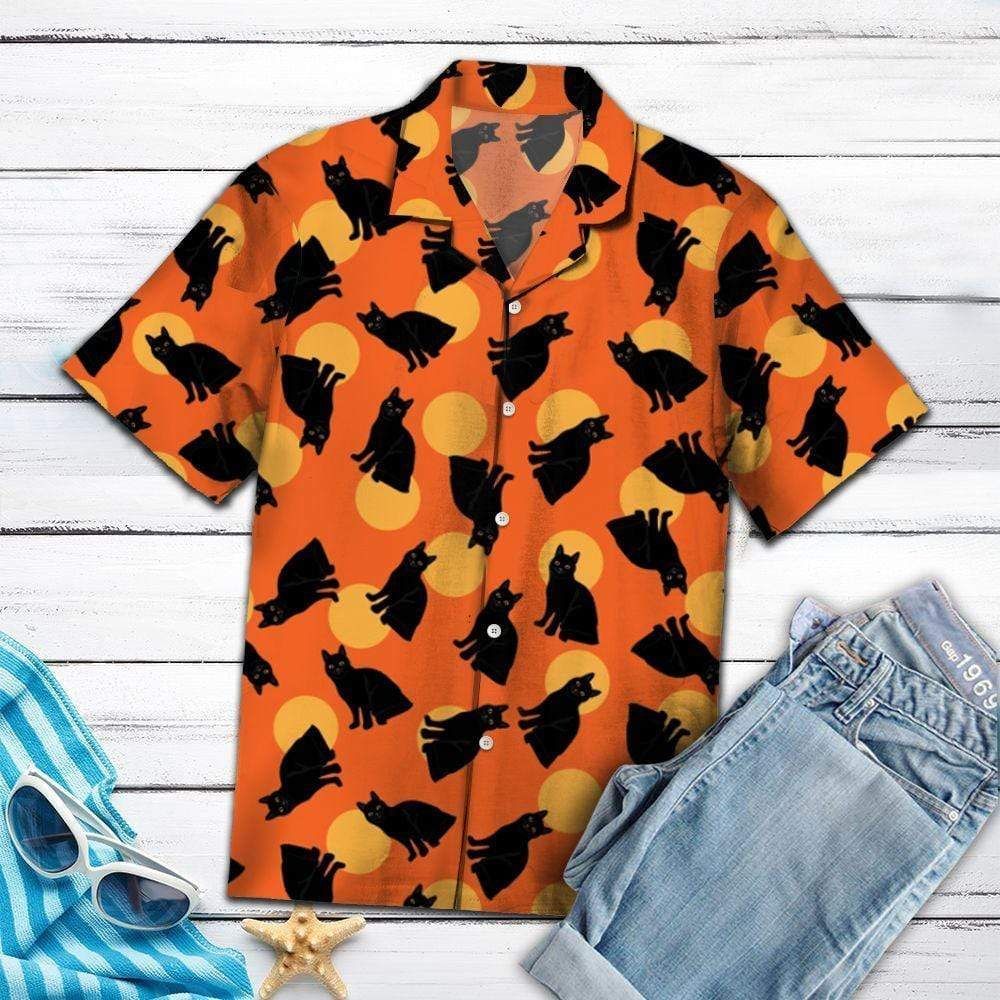 Shop Halloween Black Cat Orange Hawaii Aloha Shirts Ha65406