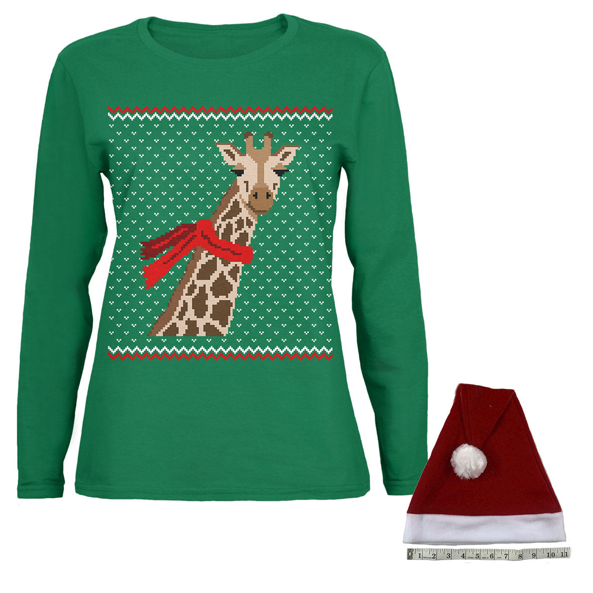 Big Giraffe Scarf Ugly Christmas Sweater Womens Long Sleeve T Shirt With Santa Hat