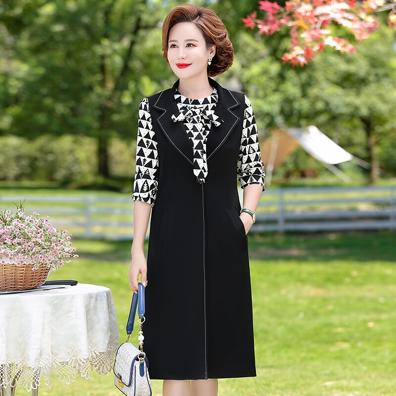 Spring Autumn Morther Dress Chinese Style Long Cheongsam Dress Middle Aged Women Fake Two Pieces Eegant Vestido XL-5XL alx