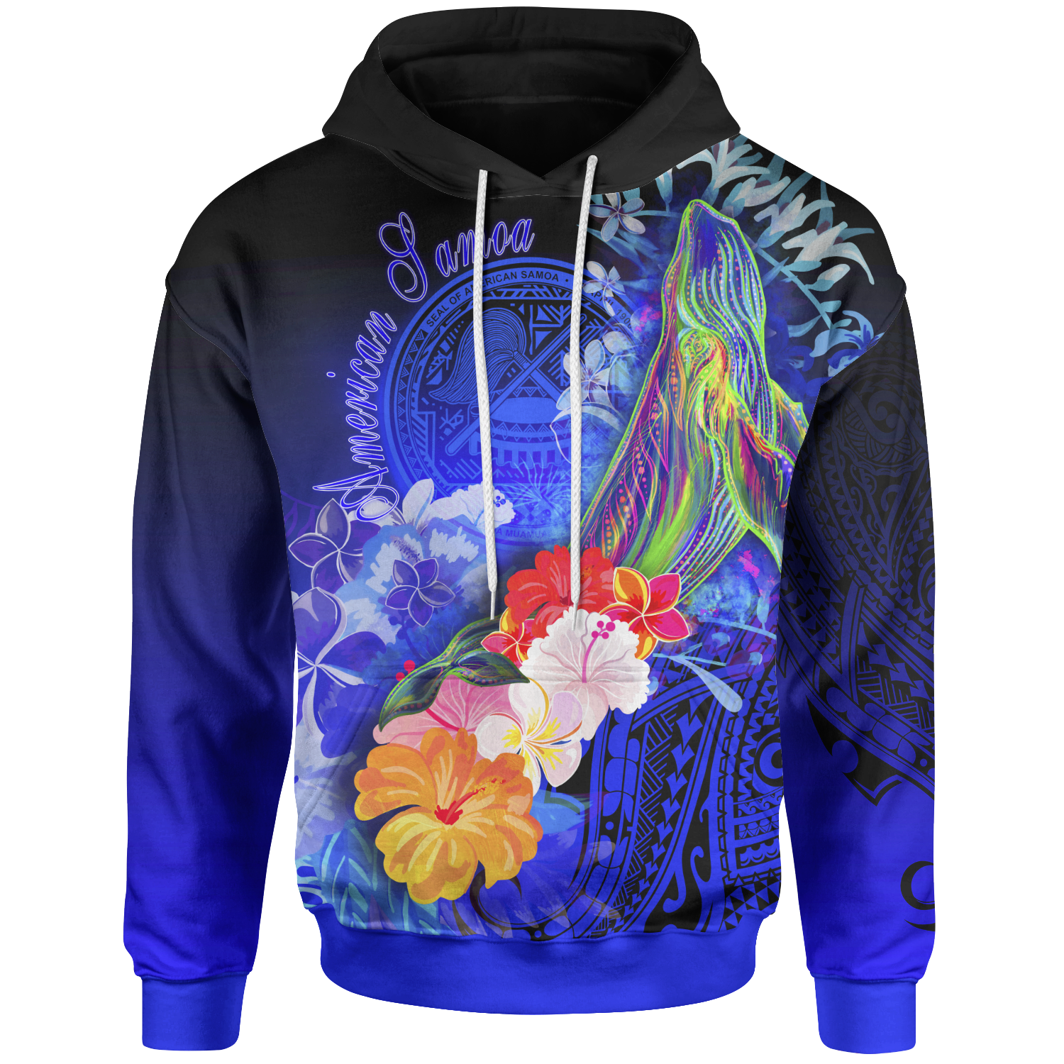 American Samoa Polynesian Hoodie – Humpback Whale with Tropical Flowers (Blue)- BN18