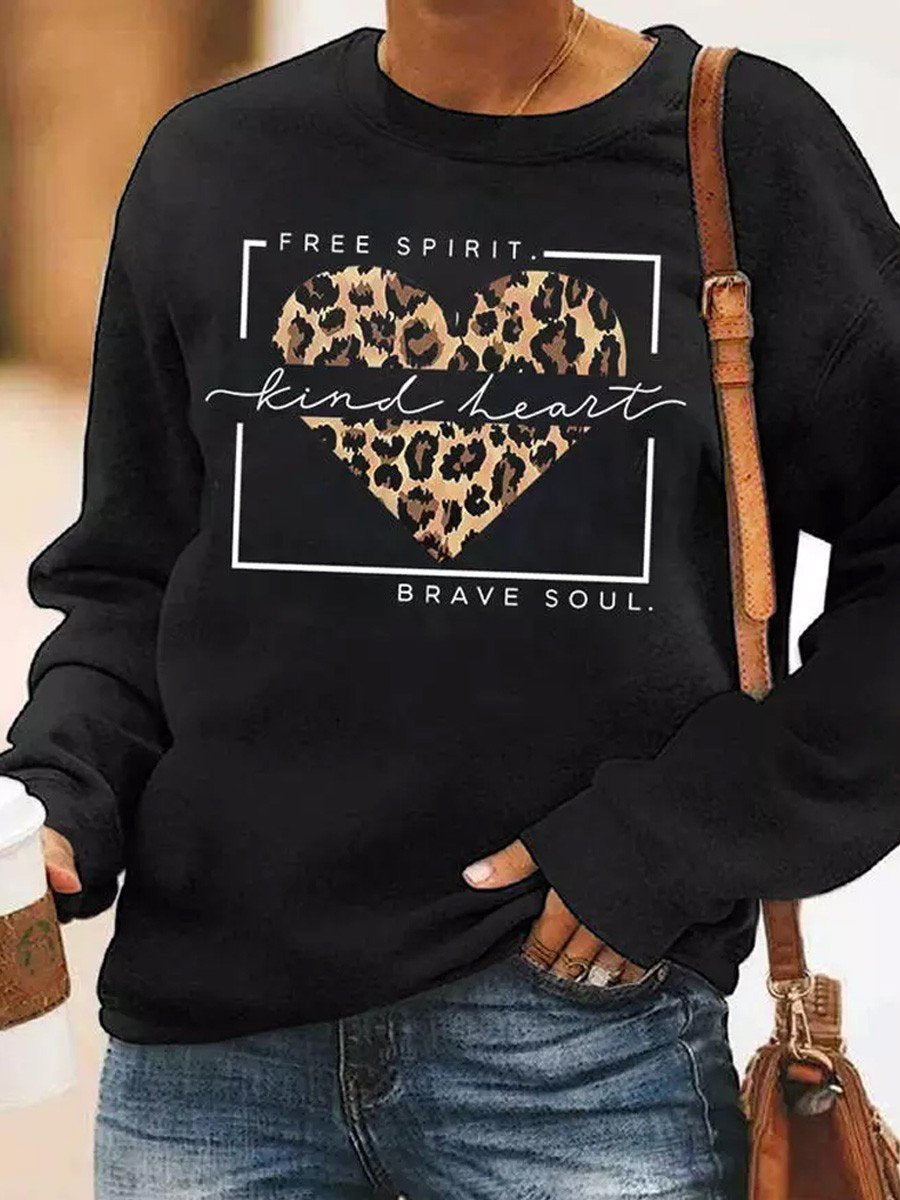 Women’S Free Spirit Kind Heart Brave Soul Leopard Sweatshirt