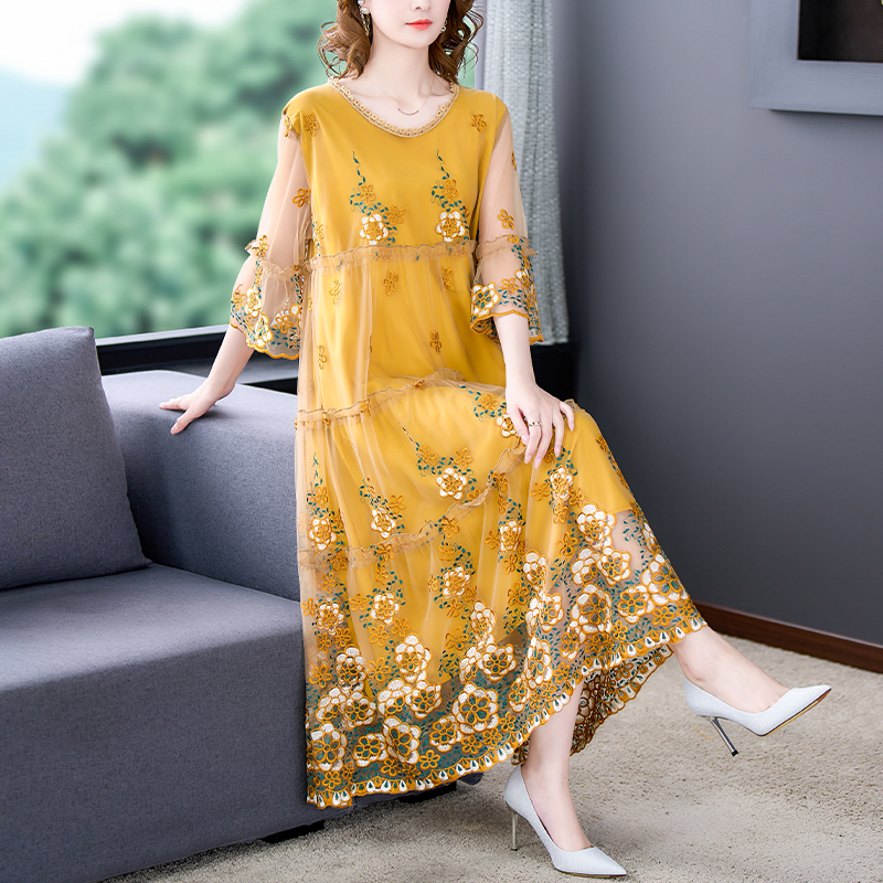 Summer Embroidery Floral Natural Silk Light Midi Dress Women Korean Fashion Light Beach Dress 2022 Elegant 5XL Plus Size Dress alx