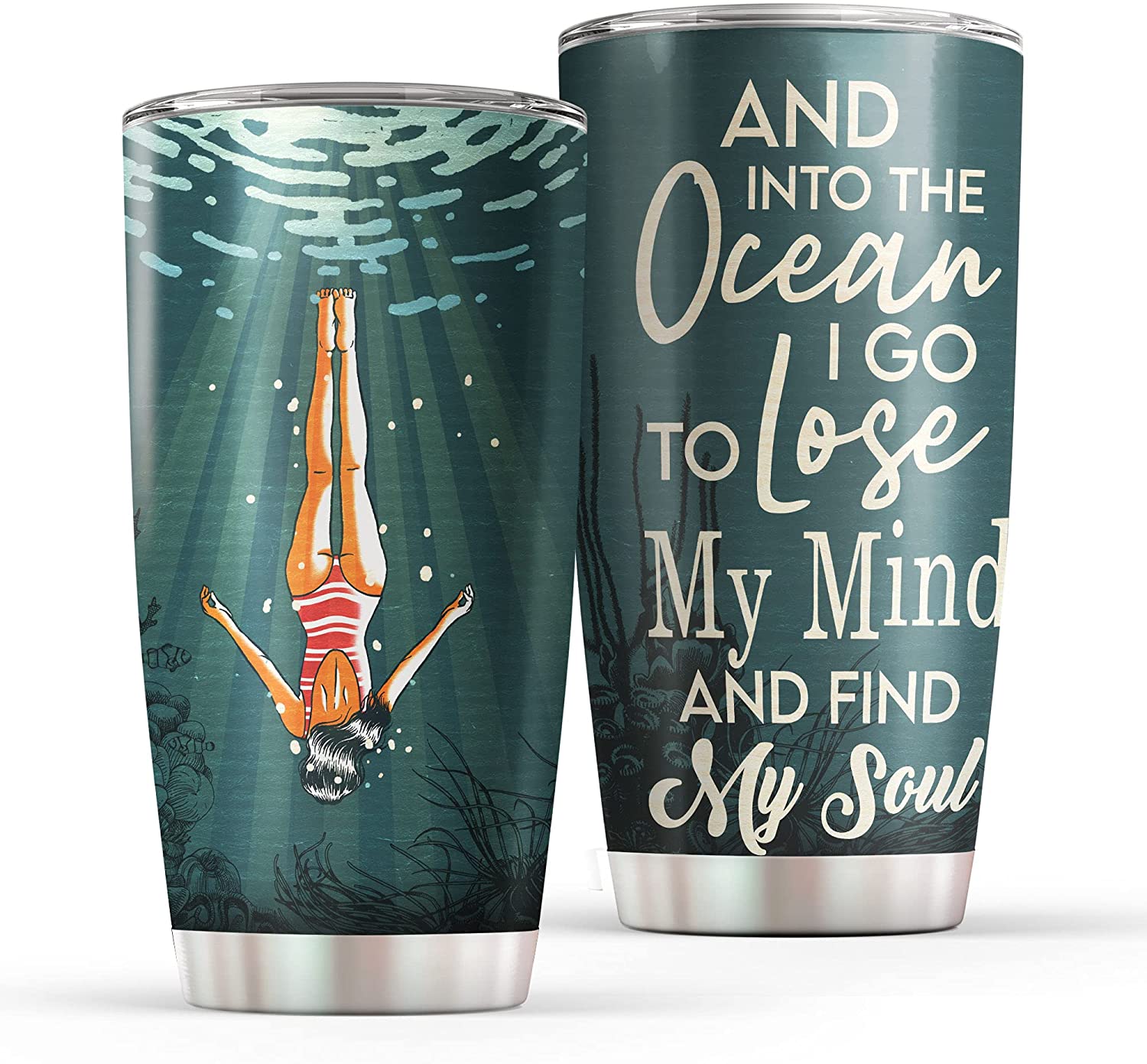 Double Wall Insulated 20Oz Stainless Steel Tumbler Cup For Swimming Lovers, Into The Ocean | Funny Summer Gift For Birthday, Anniversary, Christmas