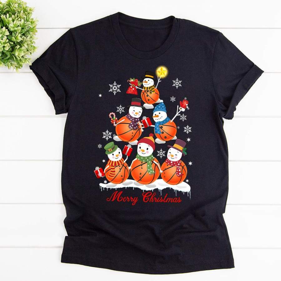 Basketball merry christmas snowball candy cane snowflakes gifts black cotton t shirt for men and women S-6XL