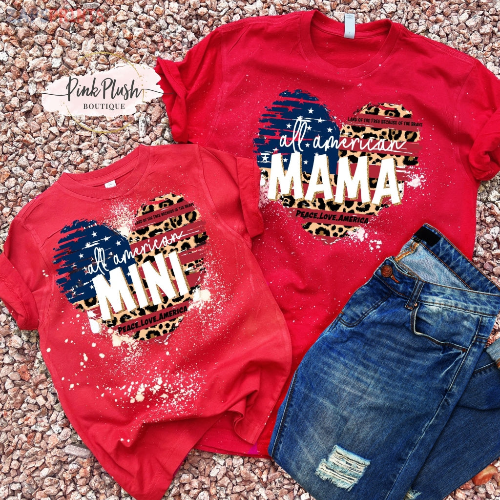 “All American Mama / Mini” Leopard Heart Bleached Tshirt