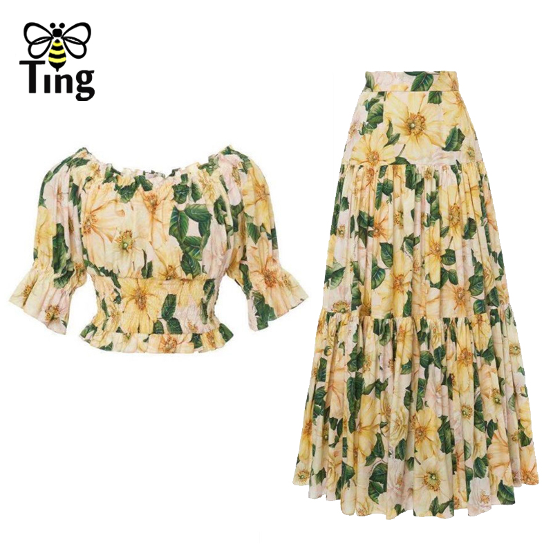 Tingfly Fashion Women 2 Pcs Sets Floral Print Cropped Tops + A Line Long Skirts Summer Street Chic Dress Sets Outfits Za alx