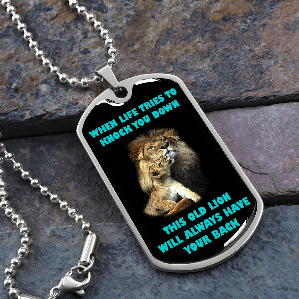 To My Child – This Old Lion Will Always Have Your Back, Dad Necklace, Gift For Dad, Necklace For Dad, Black Engraved Dog Tag Necklace, Dad Gift, Father’S Day Gift, Gift For Dad, Stainless Steel Dog Tag Father Necklace, Funny Father Gift