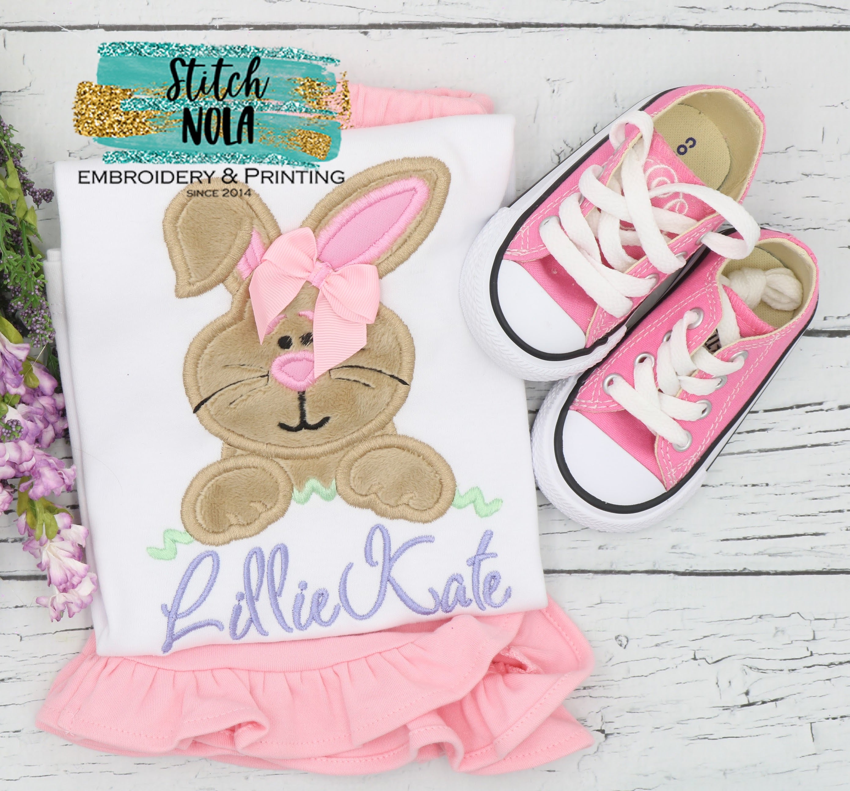 Personalized Baby Easter Bunny Head With Bow Appliqué Shirt