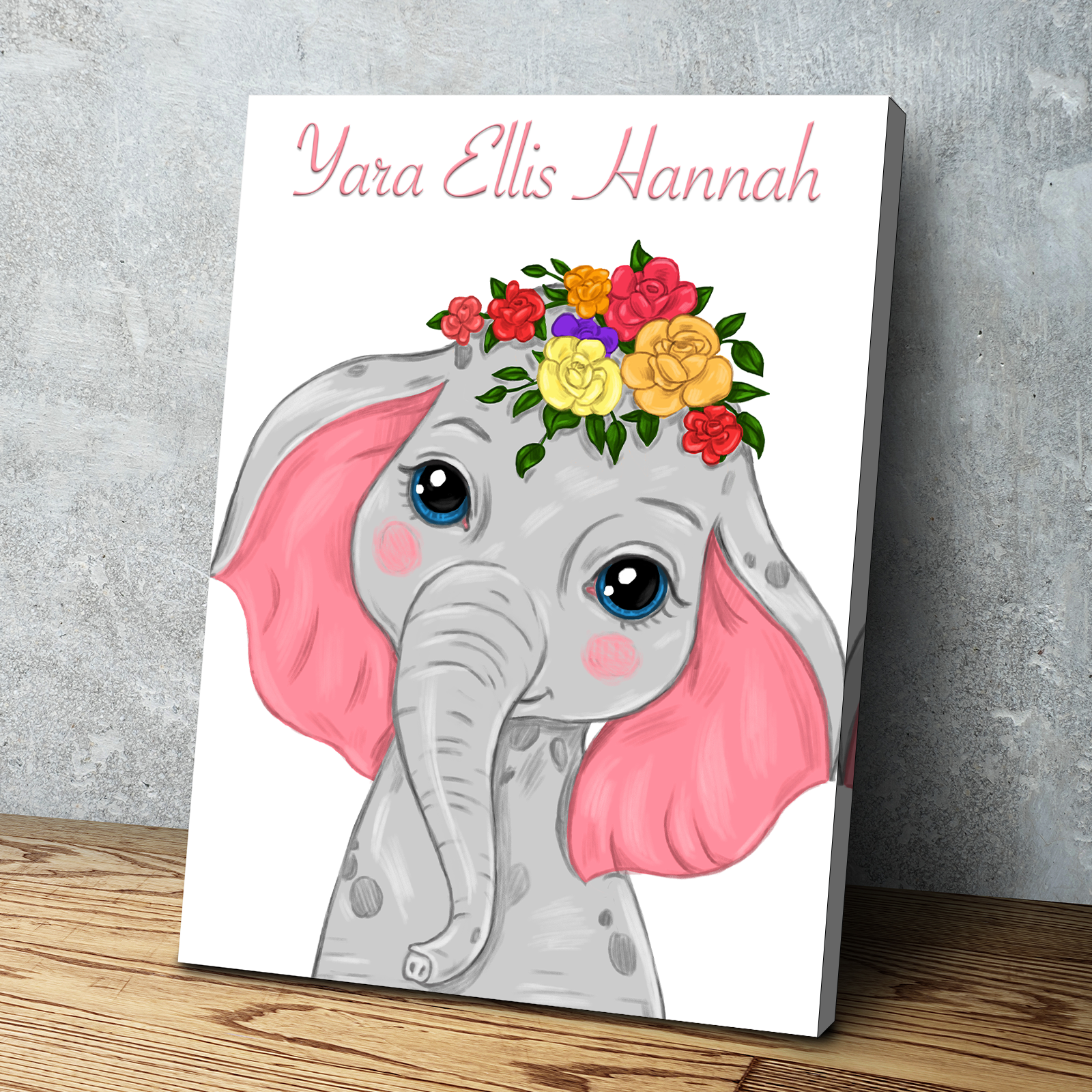 Personalized Name Safari Animals Baby Girl Nursery Wall Art Nursery Canvas Wall Art Decor Pink Floral Elephant Decor Prints