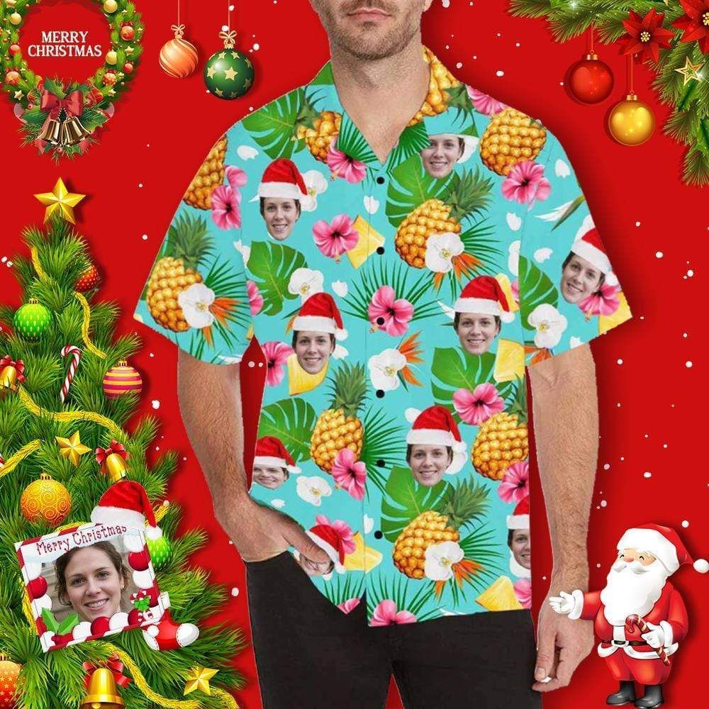 Discover Cool Custom Face Merry Christmas Pineapple Blue Unisex Hawaii Shirts Ha1706