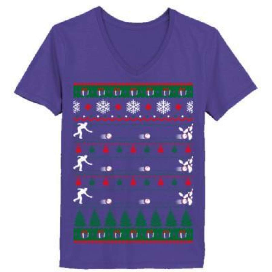 AGR Bowlers Bowling Christmas Ugly Sweater – Ladies’ V-Neck T-Shirt