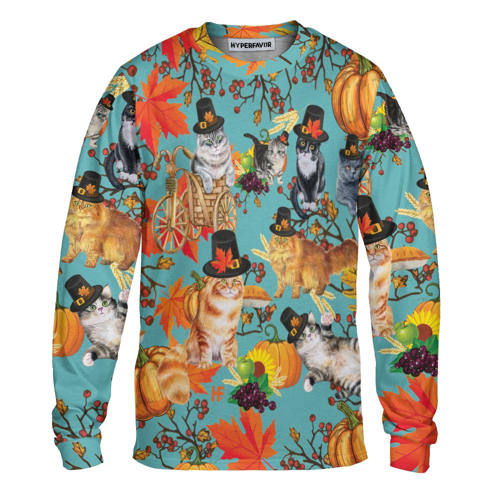 Cats Thanksgiving All Over Print Long Sleeve T-Shirt, Thanksgiving Themed Shirt For Cat Lovers