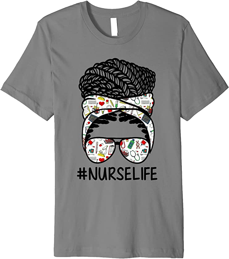 Womens Messy Bun African Woman Nurse Life Juneteenth Afro Premium T-Shirt