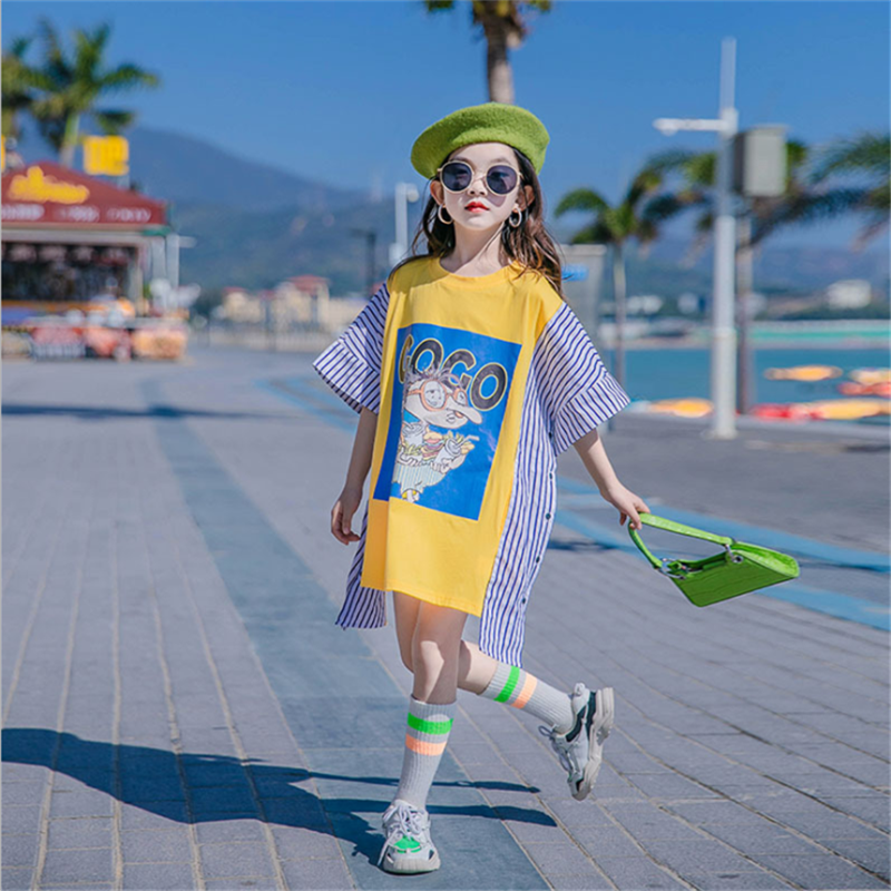 Teens Children’s Dresses 2021 New Kids Cartoon Pattern Print Striped Dress for Girls Fashion Casual Summer Clothing 3-12Y alx