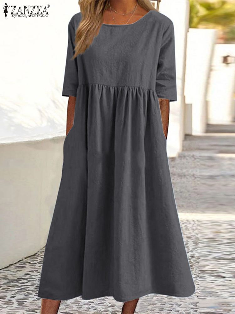 ZANZEA Vintage Causal Women’s Dress Half Sleeve O-Neck Solid Dresses Summer Mid-Calf Length Robe Female Holiday Sundress Kaftan alx